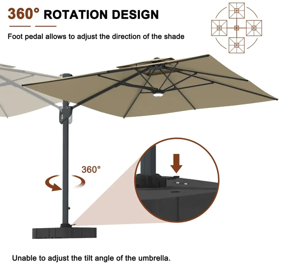 MONDAWE 10ft Square Solar LED Offset Cantilever Outdoor Patio Umbrella with Bluetooth Speaker and Included Base