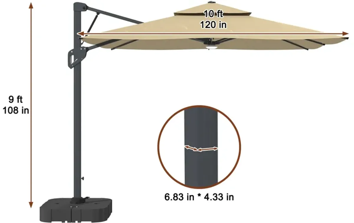 MONDAWE 10ft Square Solar LED Offset Cantilever Outdoor Patio Umbrella with Bluetooth Speaker and Included Base