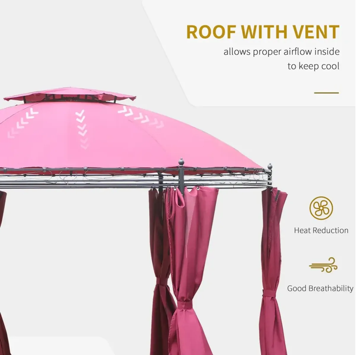 Wine Red Patio Pavilion: 11.5' Steel Gazebo with Double Roof & Curtains