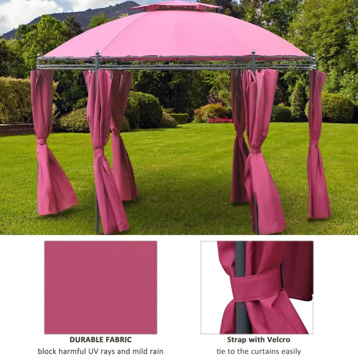 Wine Red Patio Pavilion: 11.5' Steel Gazebo with Double Roof & Curtains