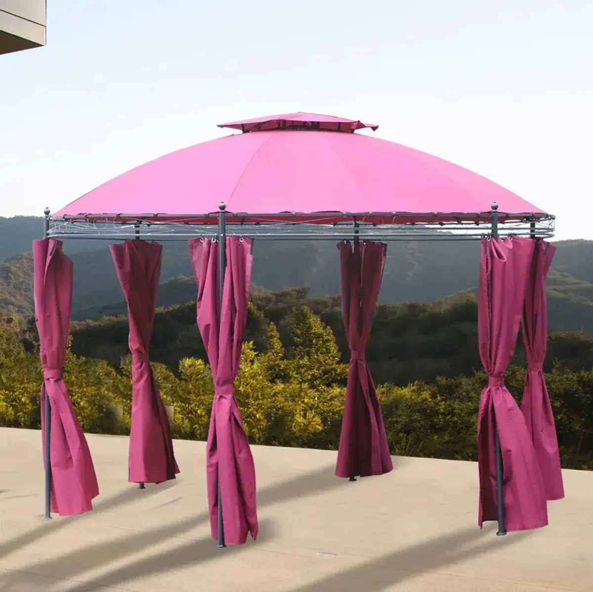 Wine Red Patio Pavilion: 11.5' Steel Gazebo with Double Roof & Curtains