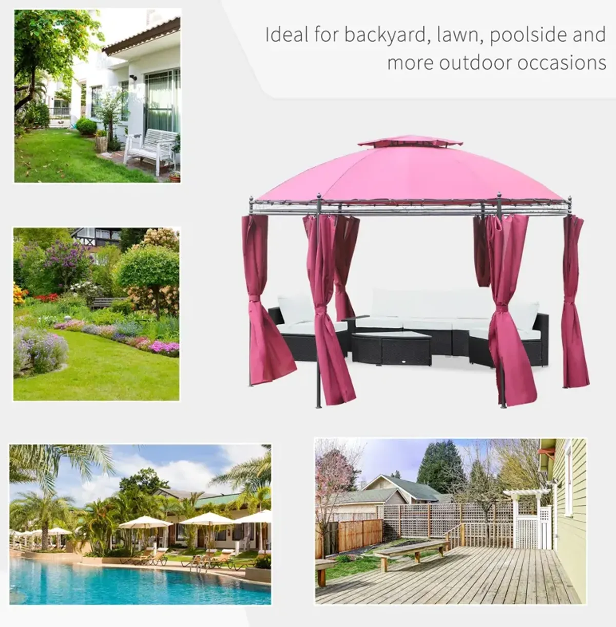 Wine Red Patio Pavilion: 11.5' Steel Gazebo with Double Roof & Curtains