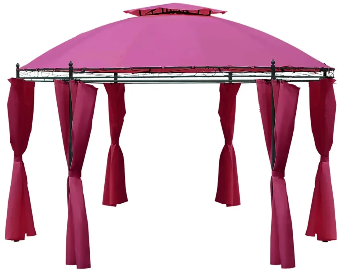 Wine Red Patio Pavilion: 11.5' Steel Gazebo with Double Roof & Curtains