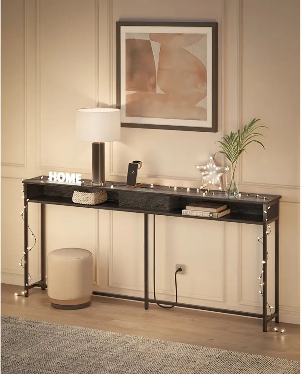 70 Inch Console Table with Outlet and Shelves