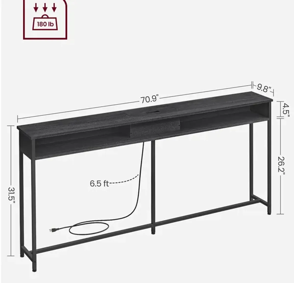 70 Inch Console Table with Outlet and Shelves