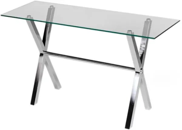 Tia 51 Inch Office Desk, Rectangular Clear Tempered Glass Top, Silver Legs - Benzara