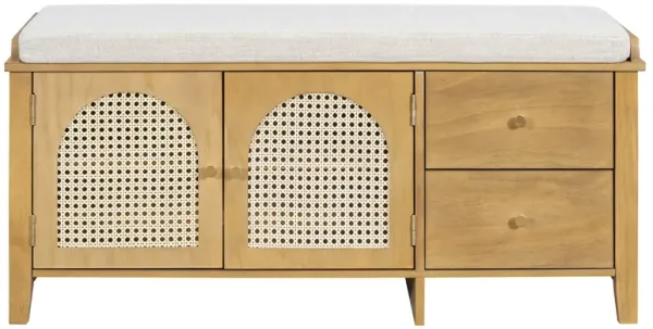 Clihome Shoe Storage Bench, Vintage Shoe Bench with Storage and Cushion, Shoe Bench with 2 Drawers and 2 Rattan Door for Entryway, Bedroom, Living Room, Navy