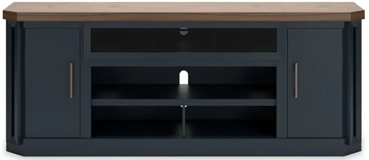 Docken TV Media Console, Open Fireplace Area, Blue Brown, 83 Inch - Benzara