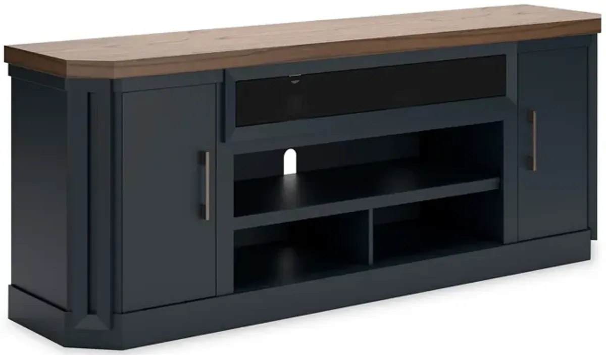 Docken TV Media Console, Open Fireplace Area, Blue Brown, 83 Inch - Benzara