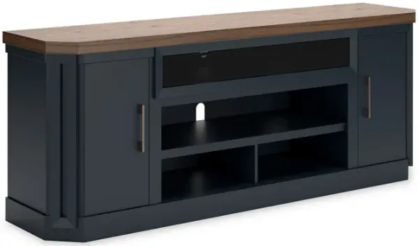 Docken TV Media Console, Open Fireplace Area, Blue Brown, 83 Inch - Benzara