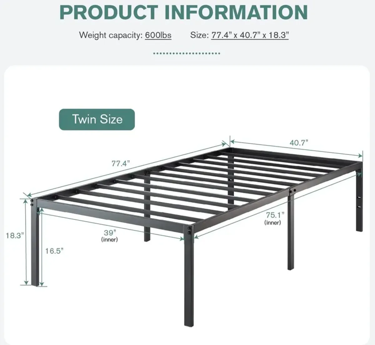 QuikFurn Twin 18-inch High Metal Platform Bed Frame with Under-bed Storage Space