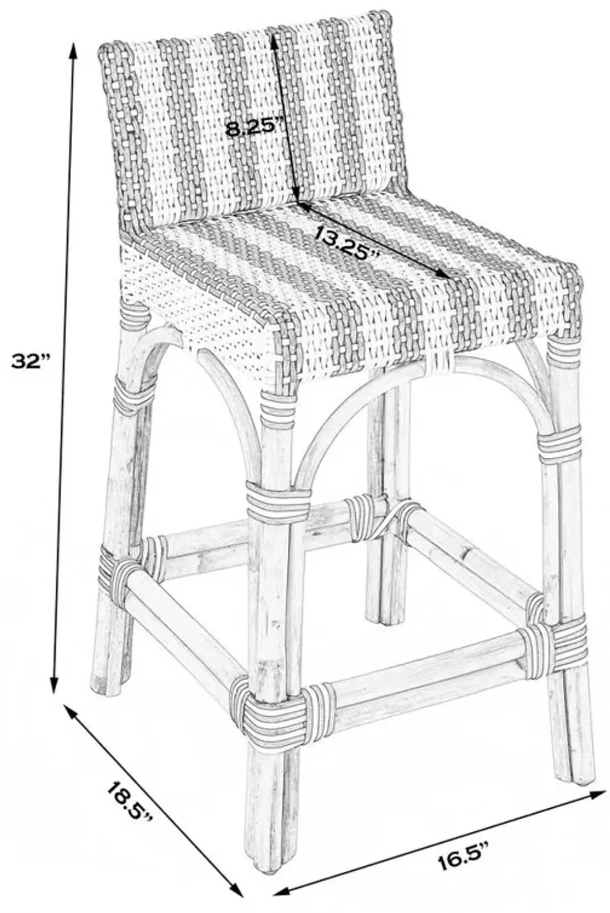 Belen Kox Blue & White Rattan Low Back Counter Stool, Belen Kox