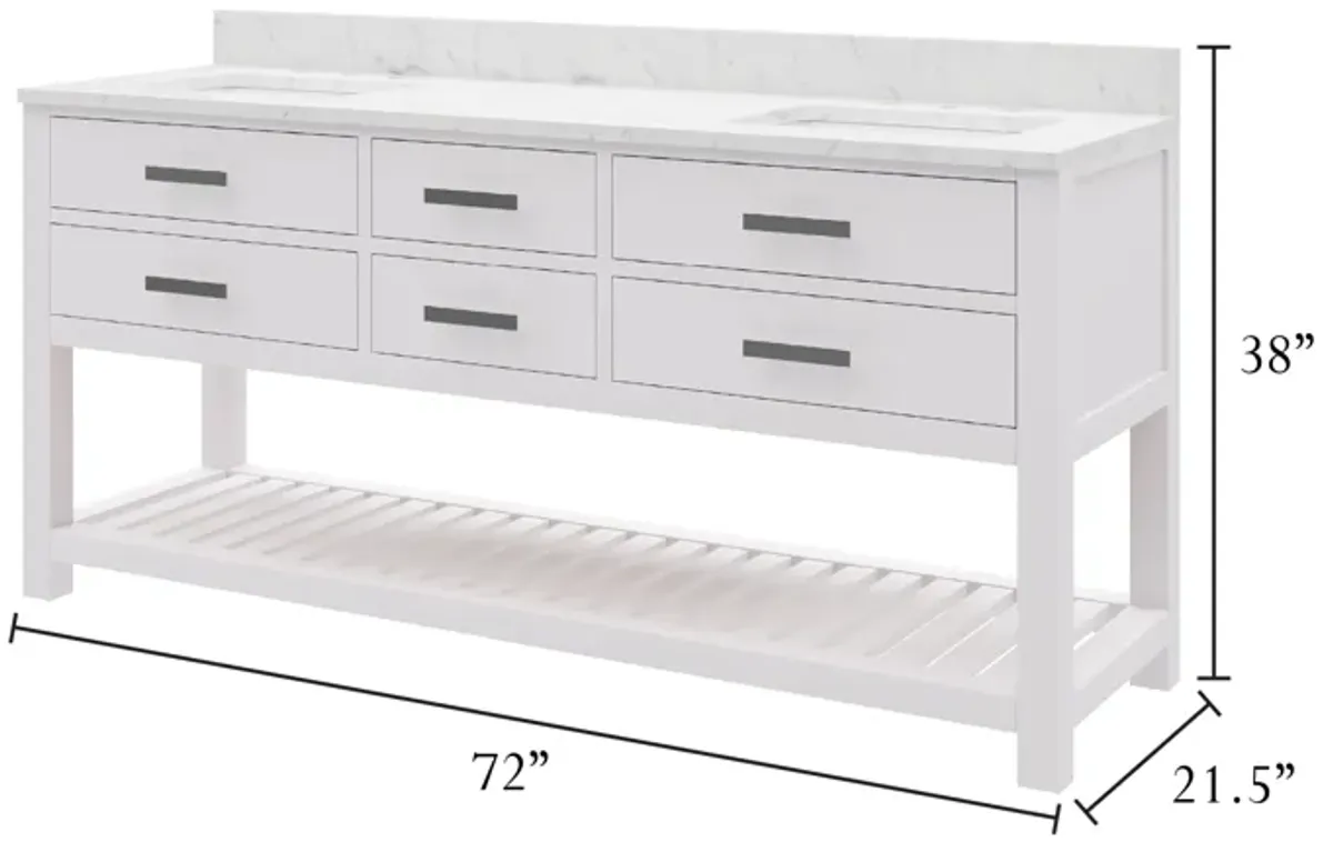 Madalyn 72 In. Double Sink Carrara White Marble Countertop Bath Vanity in Pure White