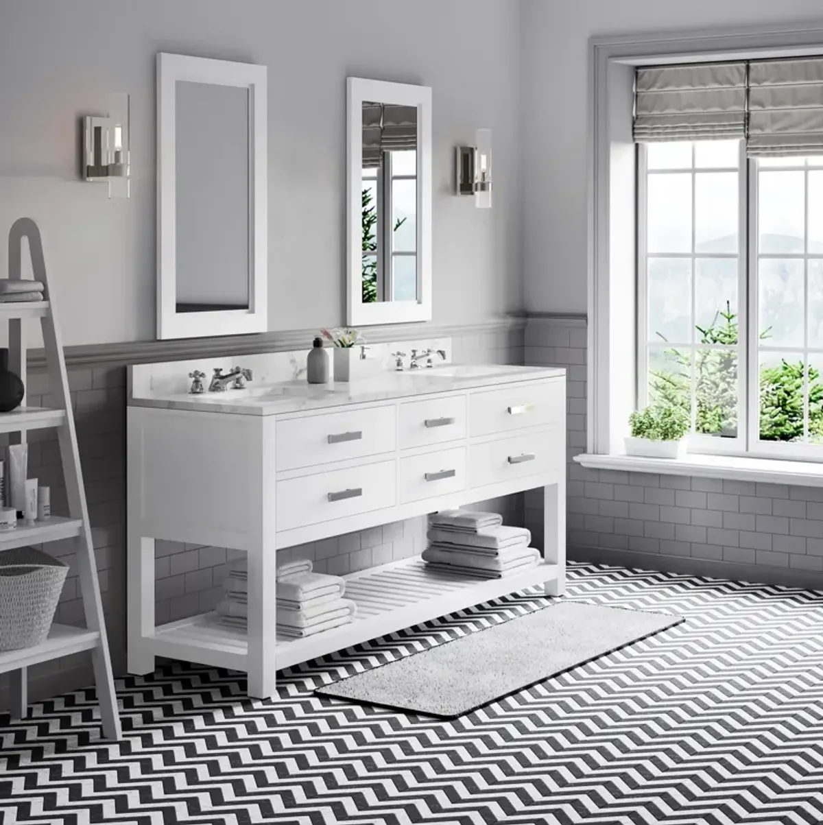 Madalyn 72 In. Double Sink Carrara White Marble Countertop Bath Vanity in Pure White