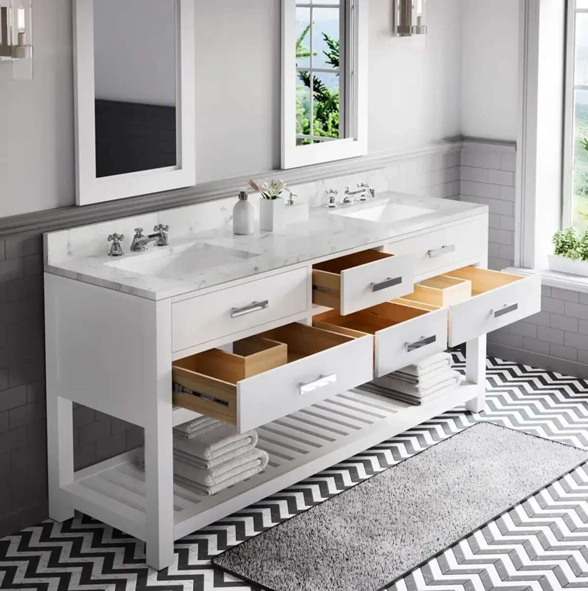 Madalyn 72 In. Double Sink Carrara White Marble Countertop Bath Vanity in Pure White