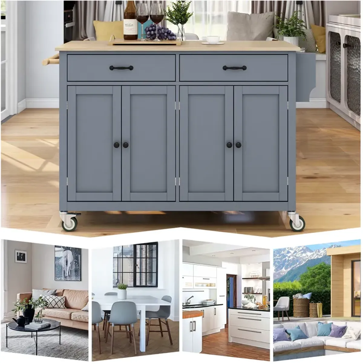 Streamdale Portable Kitchen Island Cart with Wheels, 54.3", Grey Blue