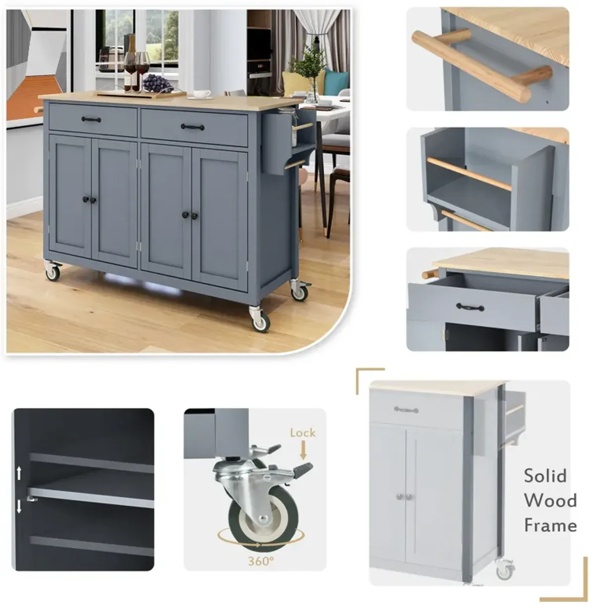 Streamdale Portable Kitchen Island Cart with Wheels, 54.3", Grey Blue