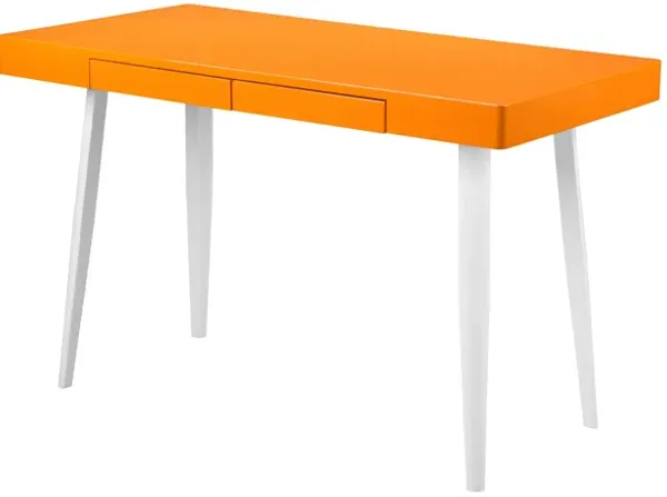 Hle 47 Inch Office Desk, Rectangular Lacquer Top, 2 Drawers, Orange, White - Benzara