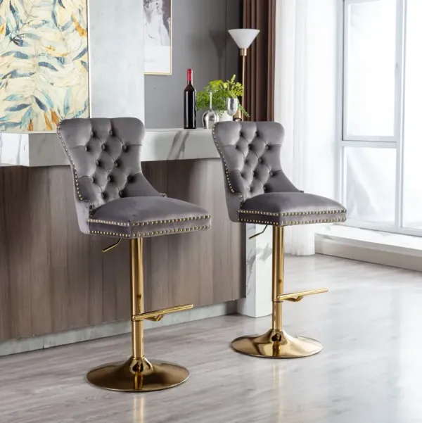 Swivel Bar Stools Chair Set of 2 Modern Adjustable Counter Height Bar Stools, Velvet Upholstered Stool with Tufted High Back & Ring Pull for Kitchen, Chrome Golden Base, Grey