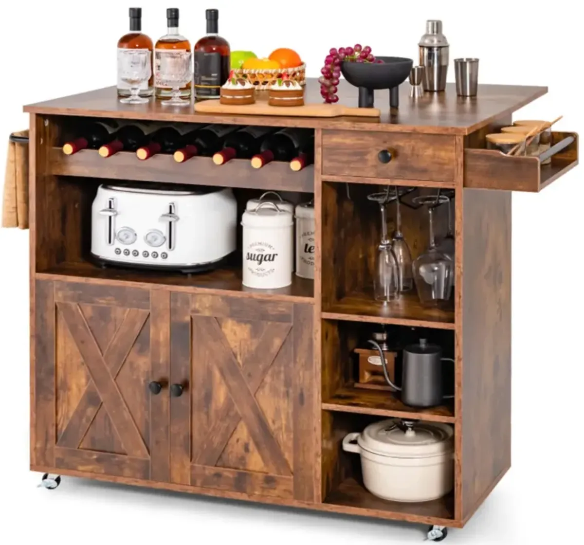 Hivvago Rolling Kitchen Island Cart with Drop Leaf and Wine Rack