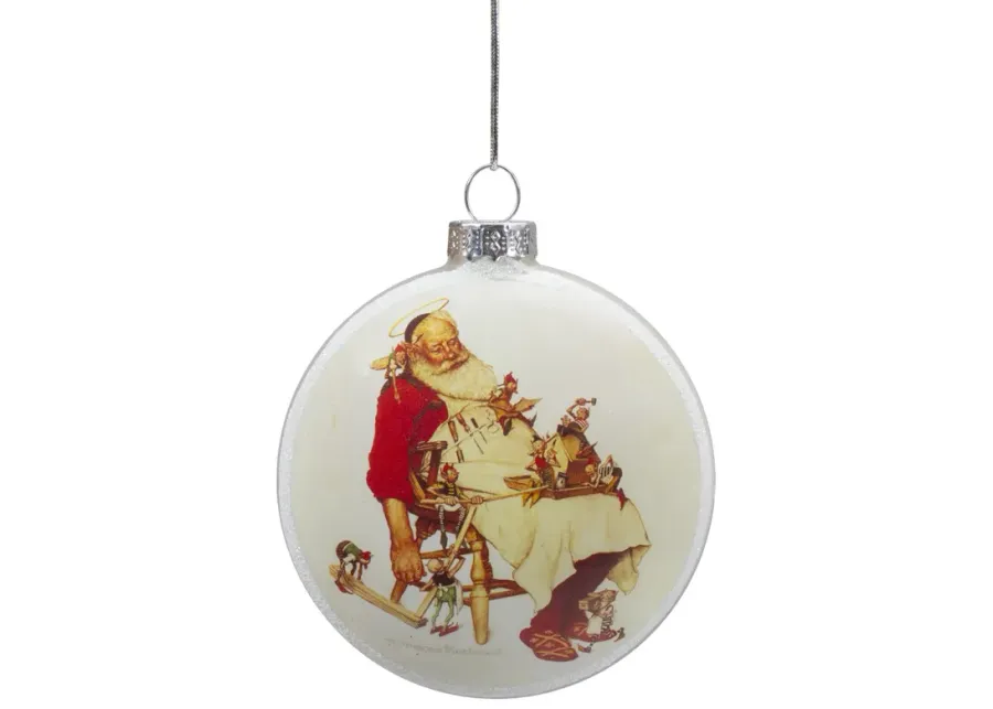 3" Norman Rockwell 'Santa and His Helpers' Glass Christmas Disc Ornament