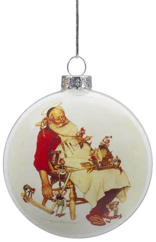 3" Norman Rockwell 'Santa and His Helpers' Glass Christmas Disc Ornament