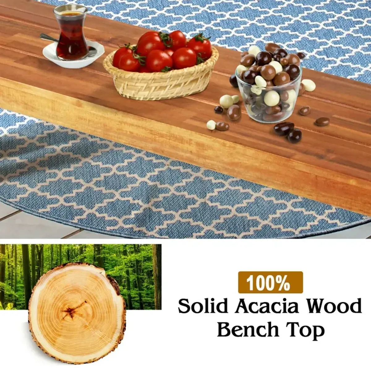 Patio Acacia Wood Dining Bench Seat with Steel Legs