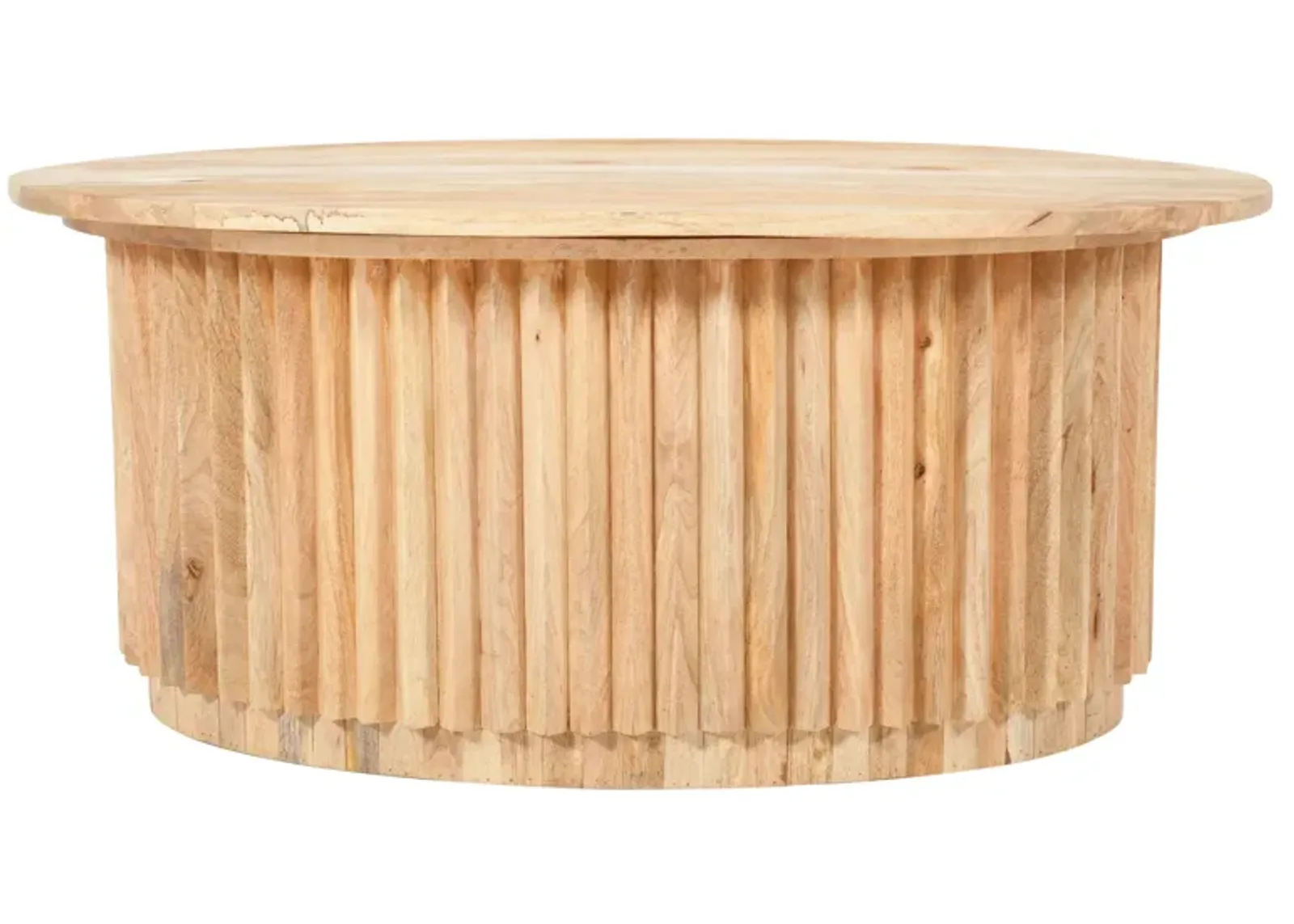 Muna Coffee Table, 36 Inch Oval Top, Handcrafted Mango Wood, Reeded Base with Hidden Storage, Natural Brown