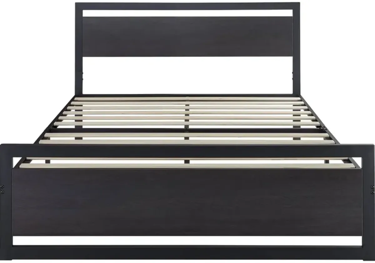 QuikFurn Full Black Metal Platform Bed Frame with Wood Panel Headboard and Footboard