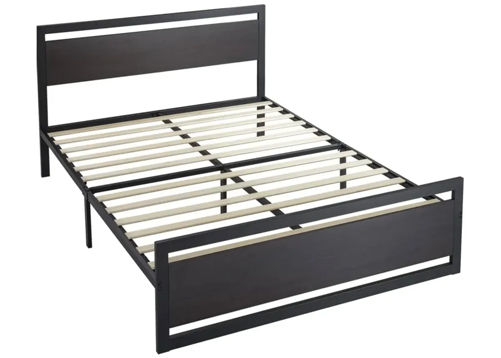 QuikFurn Full Black Metal Platform Bed Frame with Wood Panel Headboard and Footboard