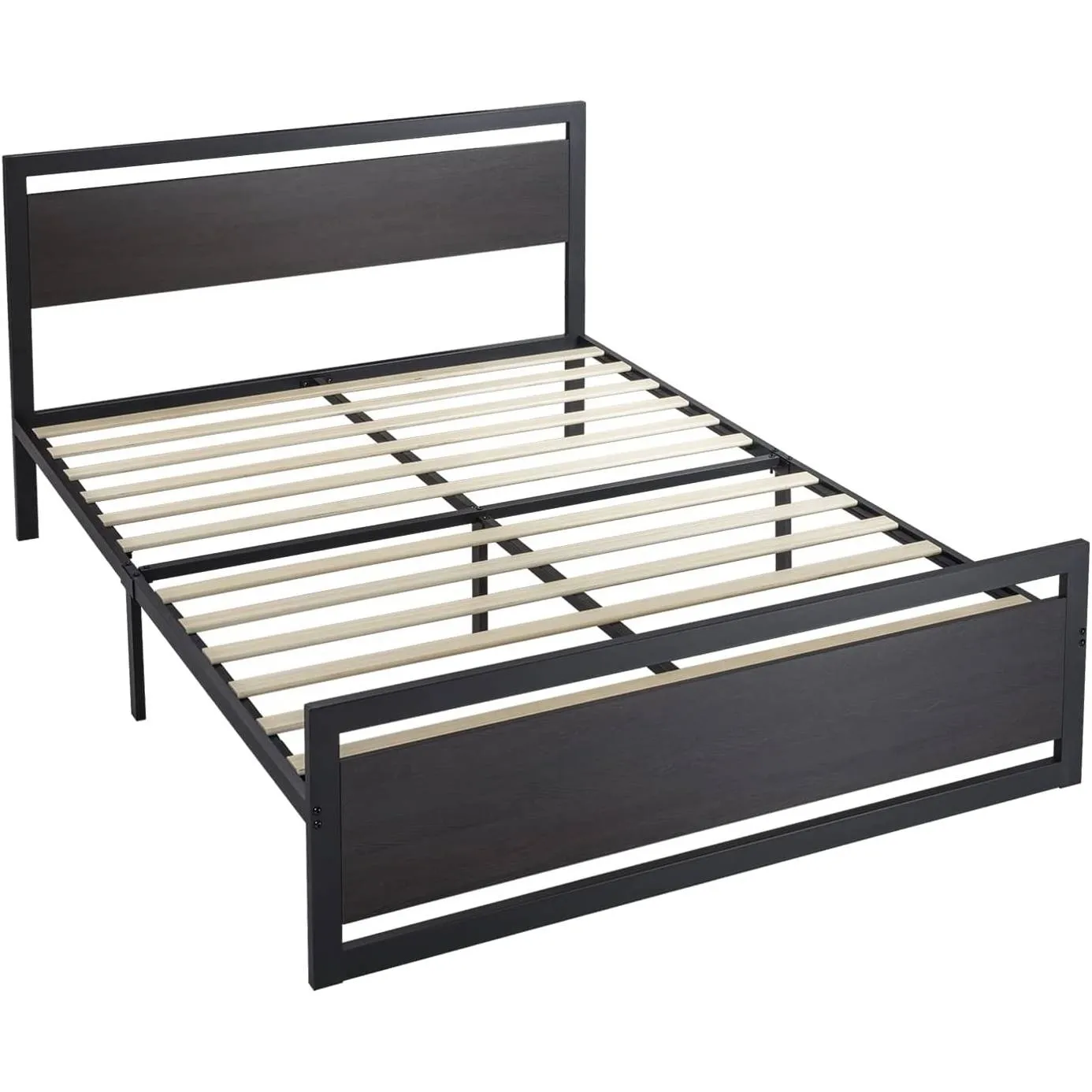 QuikFurn Full Black Metal Platform Bed Frame with Wood Panel Headboard and Footboard