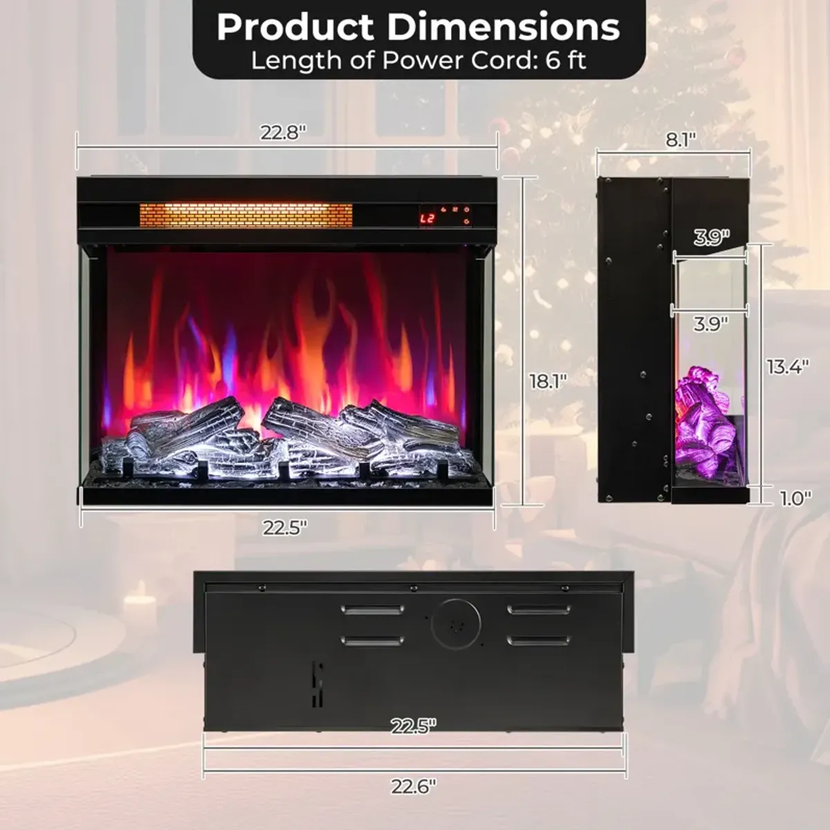 23-Inch 3-Sided Electric Fireplace Insert, 1500W Recessed Design for Modern Interiors