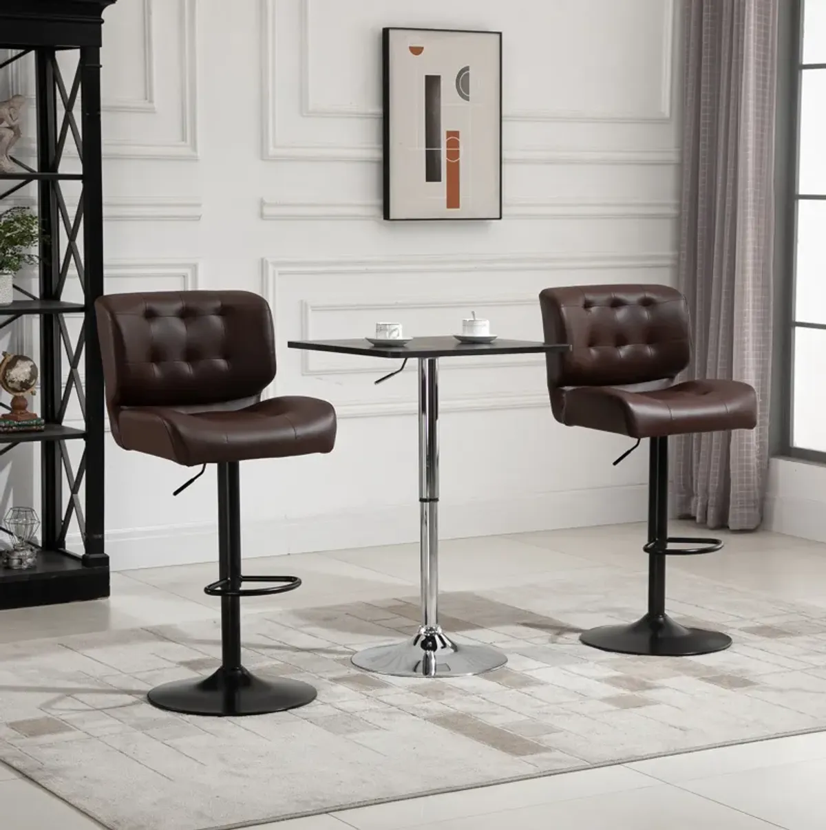 HOMCOM Bar Height Bar Stools Set of 2 with Adjustable Seat, Thick Padded Cushion and Metal Footrest for Home Bar, Brown