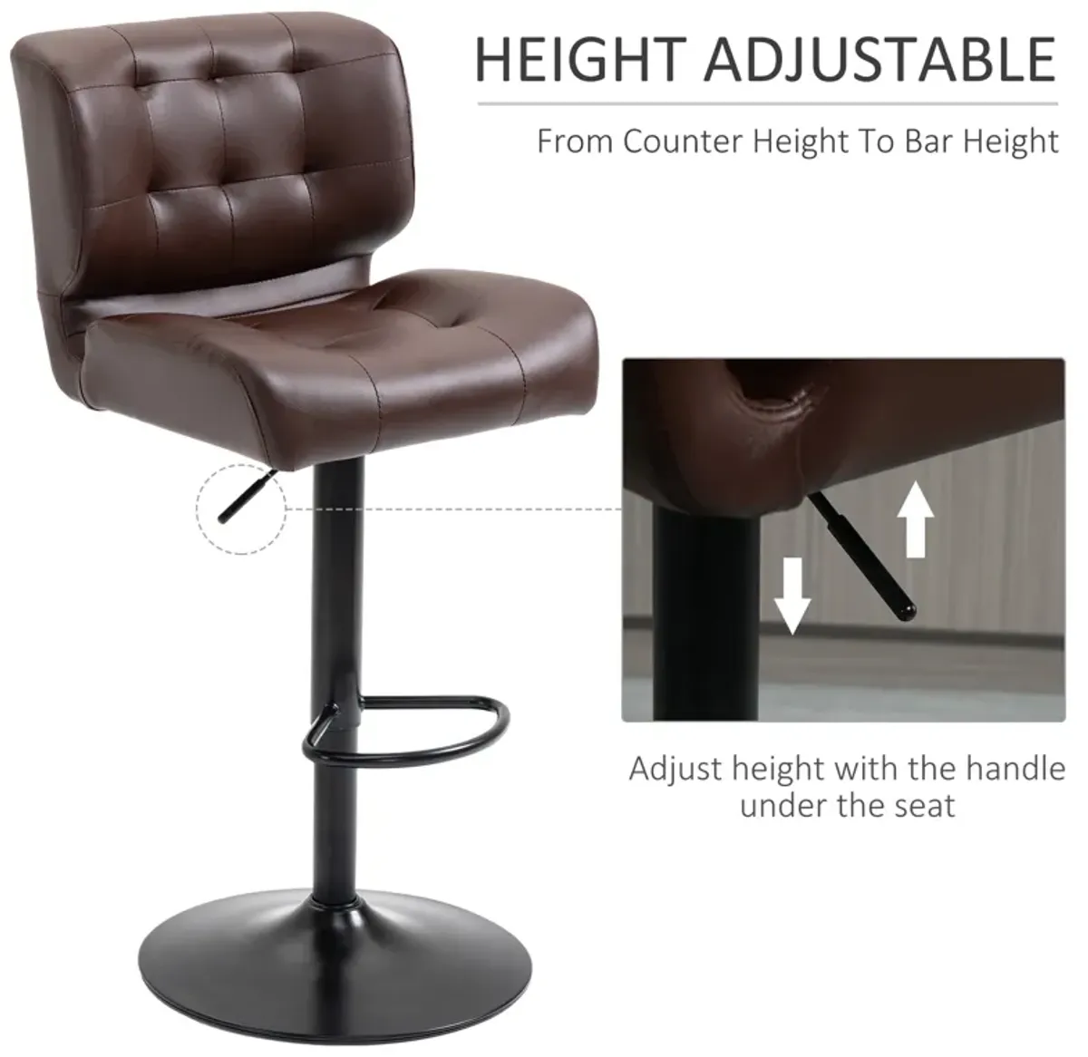 HOMCOM Bar Height Bar Stools Set of 2 with Adjustable Seat, Thick Padded Cushion and Metal Footrest for Home Bar, Brown