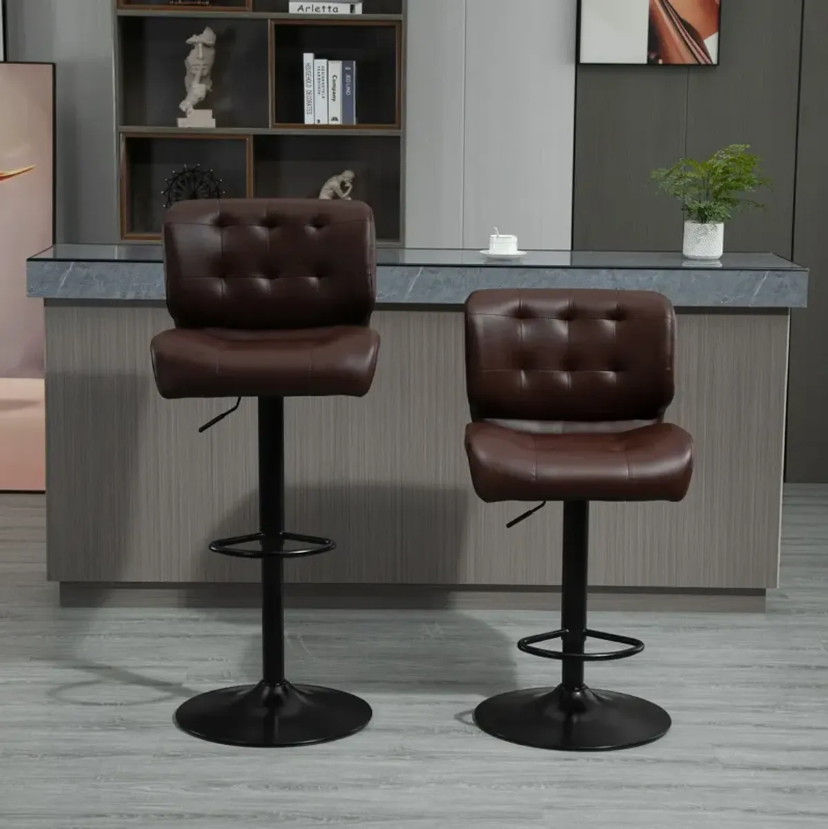 HOMCOM Bar Height Bar Stools Set of 2 with Adjustable Seat, Thick Padded Cushion and Metal Footrest for Home Bar, Brown