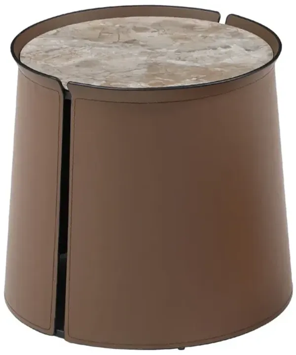 Luxe Saddle Leather Coffee Table Iron Art Side Table with Brown Marble Top