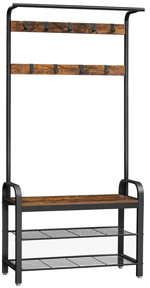 Ann 72 Inch Hallway Tree, Shoe Bench, 9 Hooks, Slatted Metal Shelf, Brown - Benzara