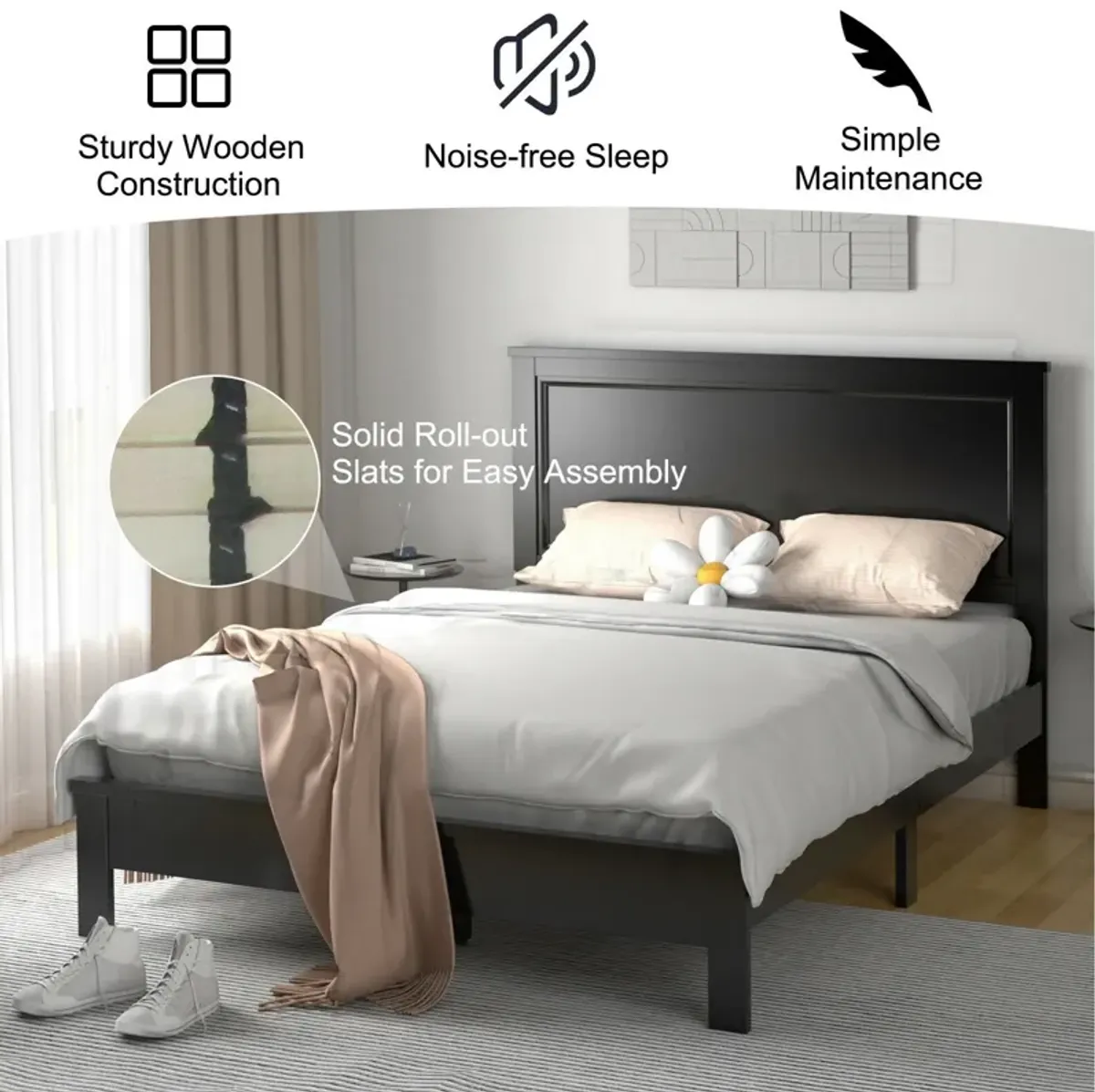 Queen Size Bed Frame Platform Slat High Headboard Bedroom with Rubber Wood Leg