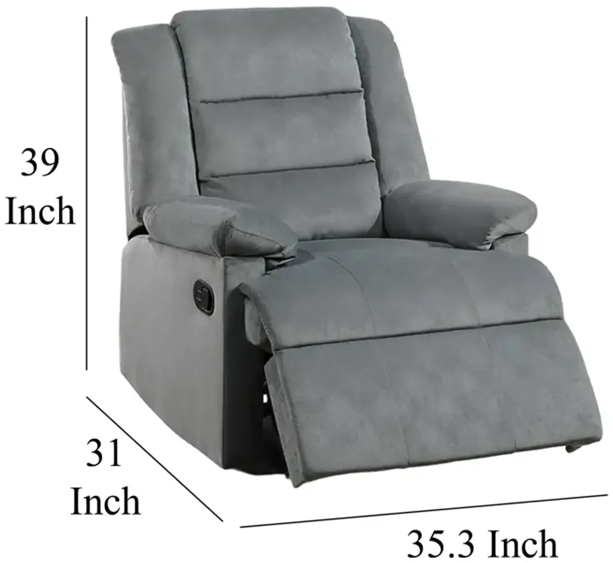 Kori Manual Recliner Chair, Cushioned Dark Gray Velvet, Solid Wood - Benzara