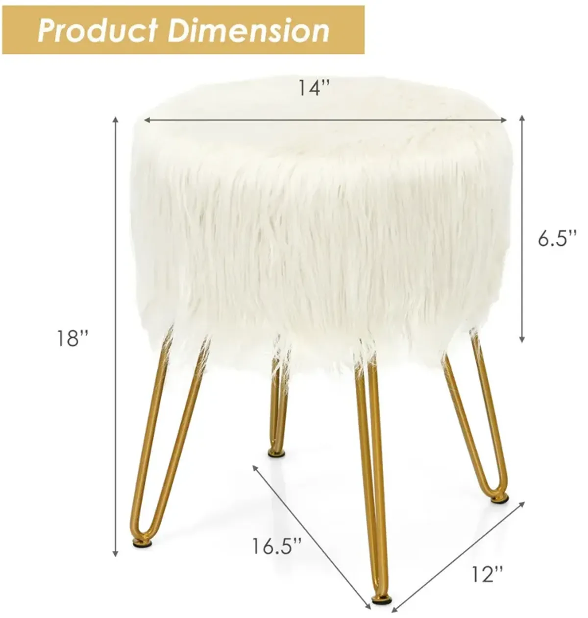 Faux Fur Vanity Stool Chair with Metal Legs for Bedroom and Living Room