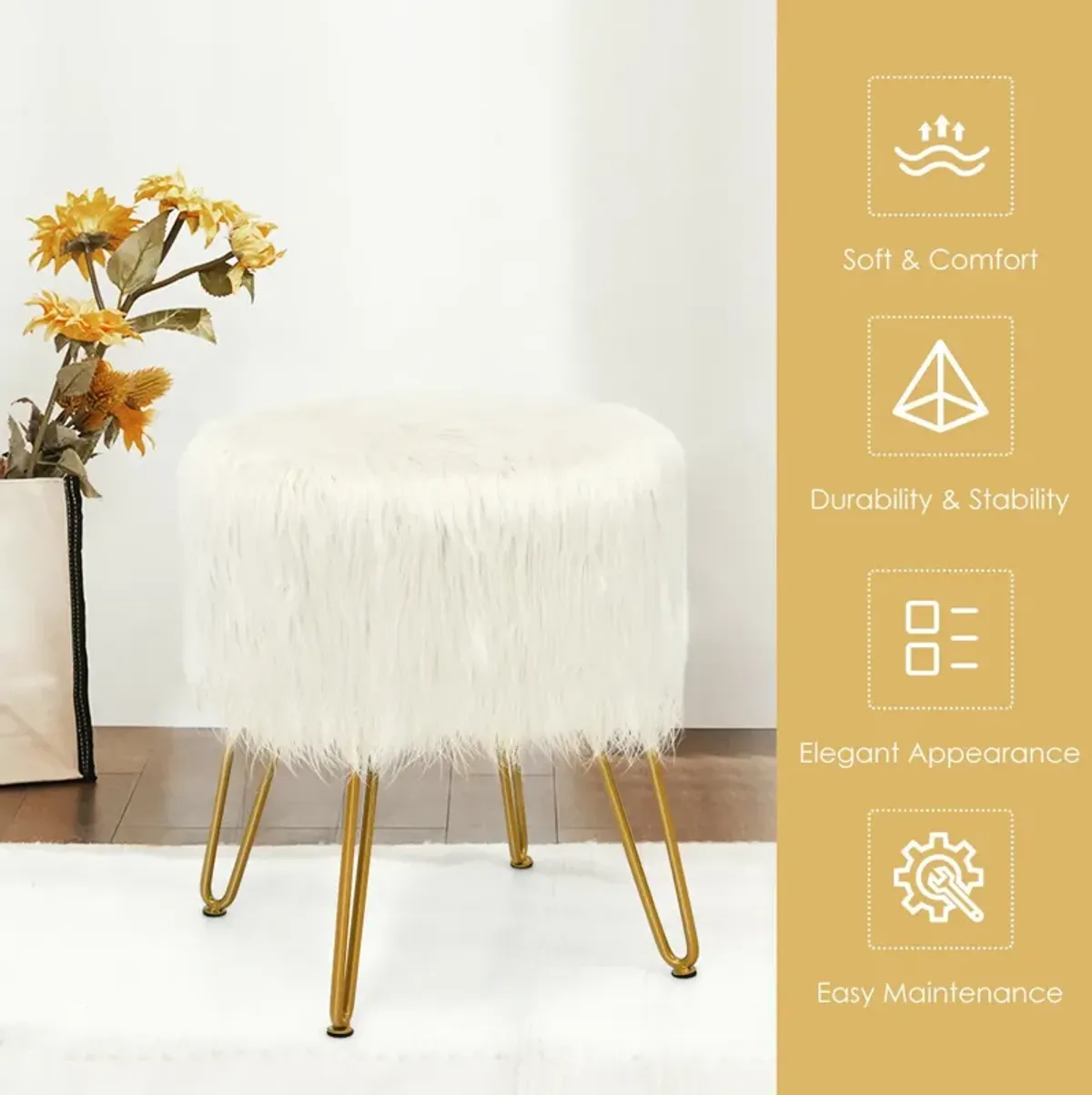 Faux Fur Vanity Stool Chair with Metal Legs for Bedroom and Living Room