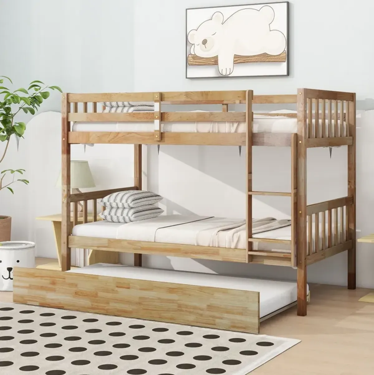 Whisen Twin Over Twin Rubber Wood Bunk Bed with Trundle, Convertible into Twin Size Beds, Twin Size Bunk Bed with Ladder and Safety Guardrails - White