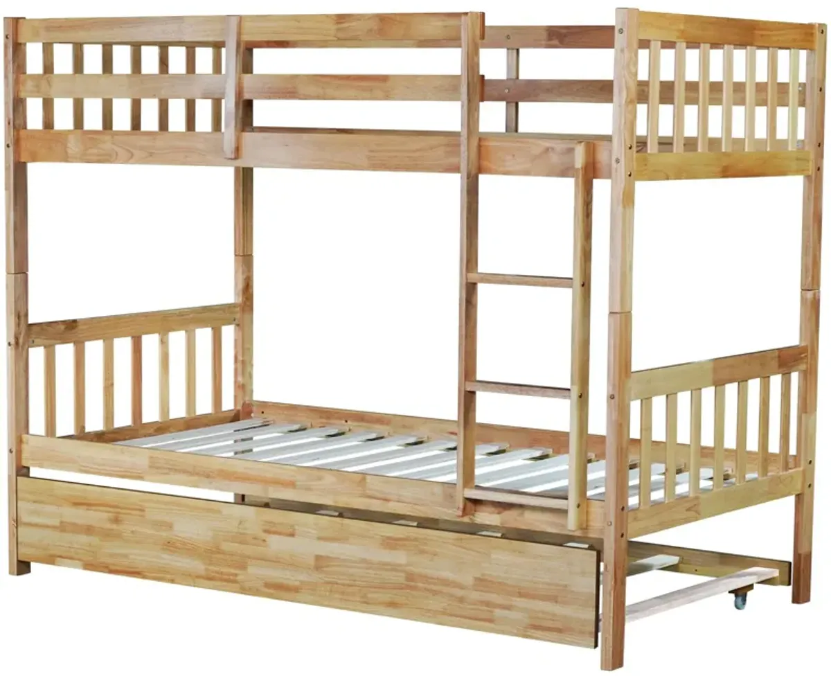 Whisen Twin Over Twin Rubber Wood Bunk Bed with Trundle, Convertible into Twin Size Beds, Twin Size Bunk Bed with Ladder and Safety Guardrails - White