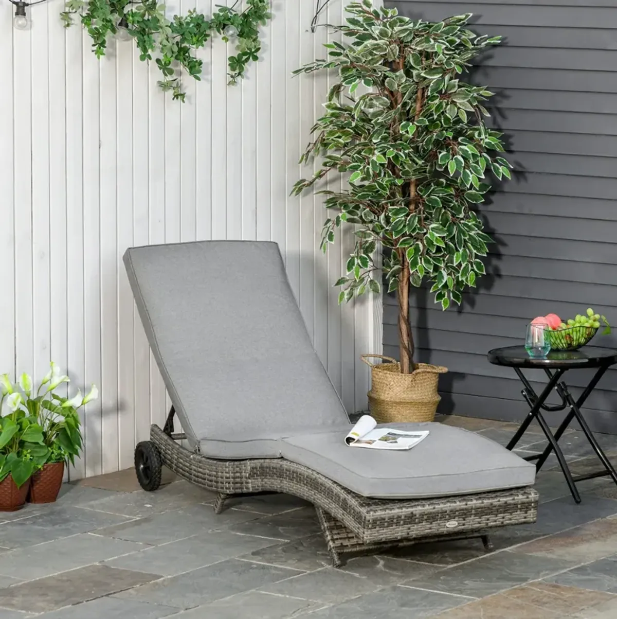 Grey Outdoor Lounger: Wicker Chaise with Adjustable Backrest