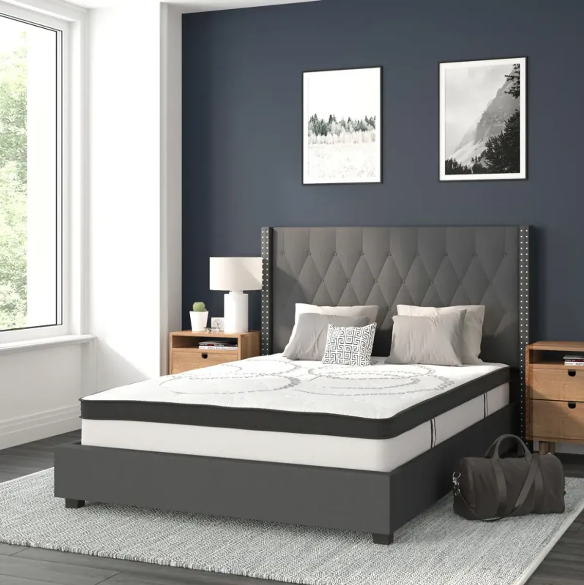 Riverdale Full Size Tufted Upholstered Platform Bed in Dark Gray Fabric with 10 Inch CertiPUR-US Certified Pocket Spring Mattress