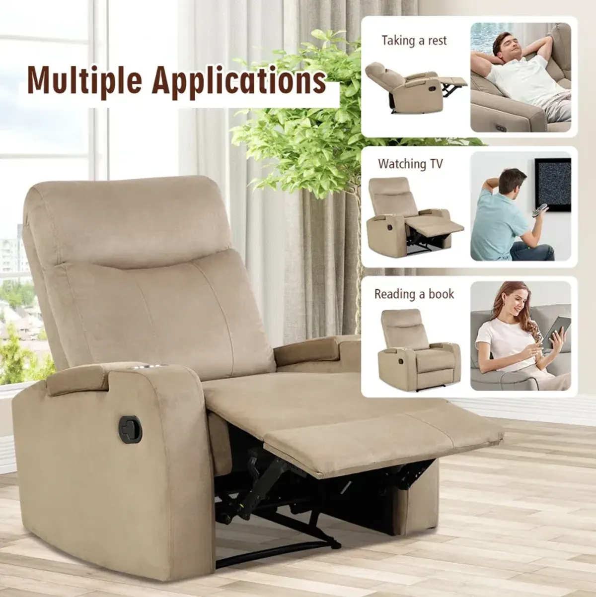 Recliner Chair Single Sofa Lounger with Arm Storage and Cup Holder for Living Room-Brown