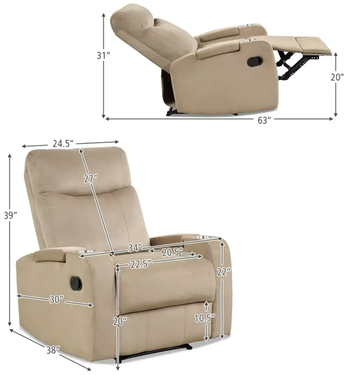 Recliner Chair Single Sofa Lounger with Arm Storage and Cup Holder for Living Room-Brown