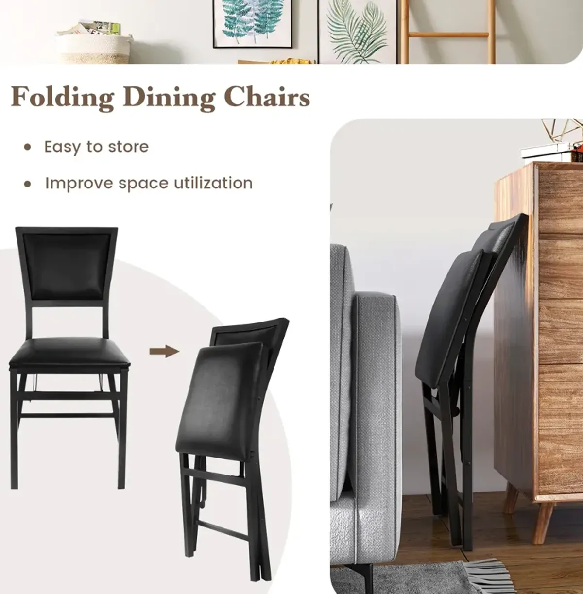 Set of 2 Metal Folding Dining Chair with Space Saving Design