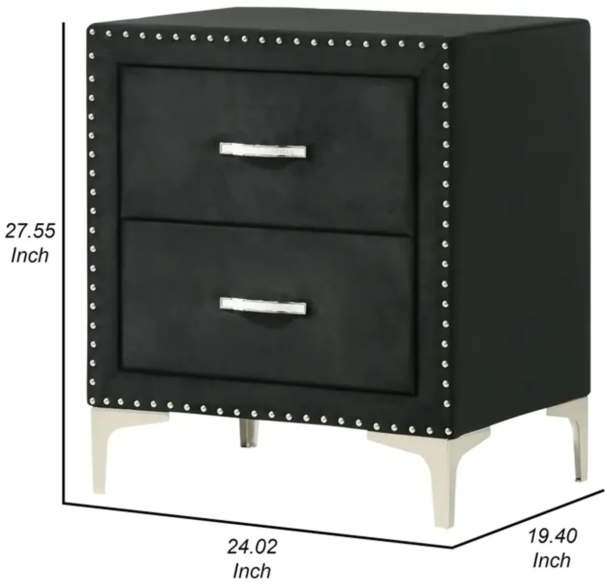 Moha 28 Inch Nightstand, Wood, 2 Drawers, Metal Handles, Black Velvet - Benzara