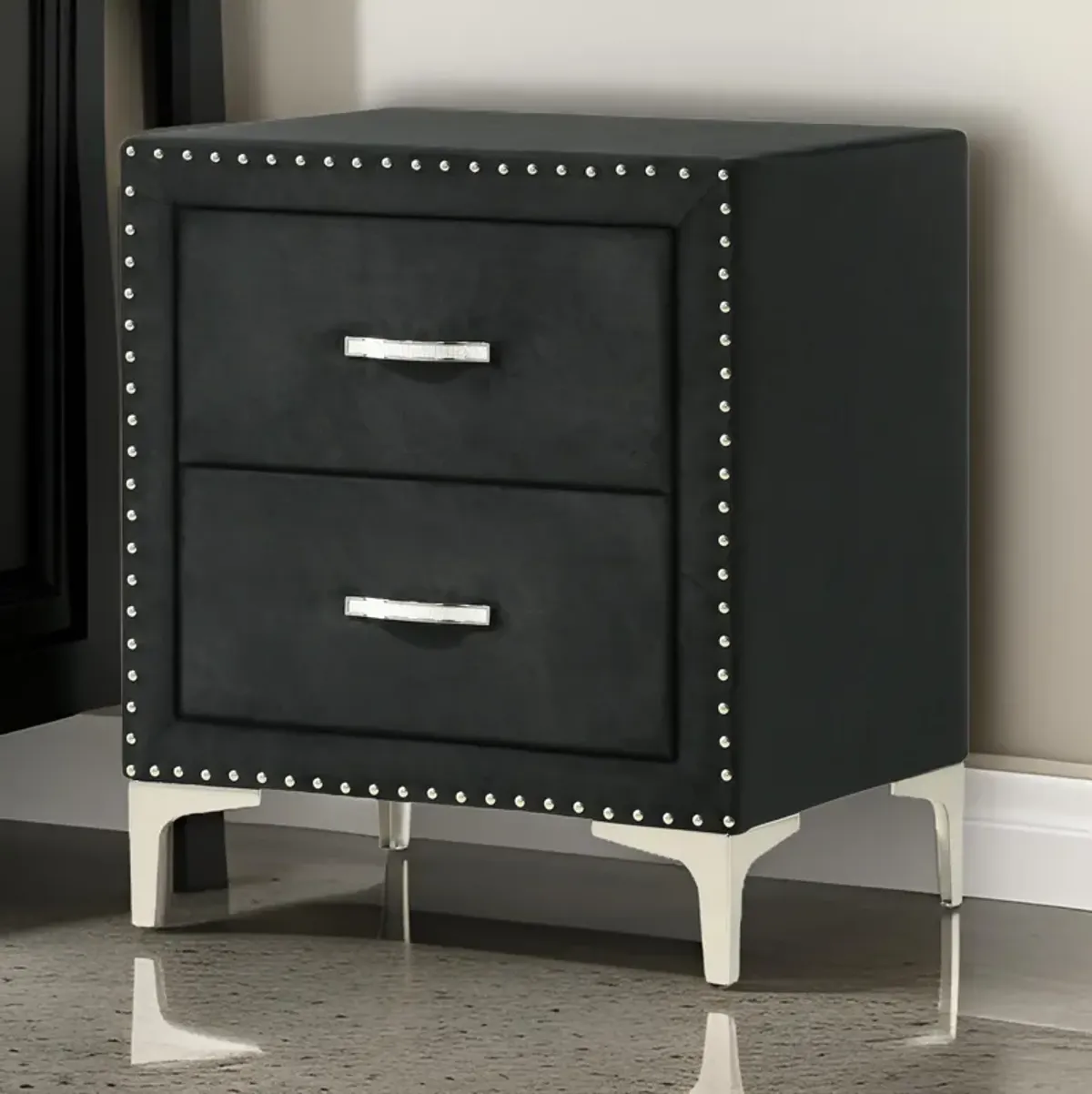 Moha 28 Inch Nightstand, Wood, 2 Drawers, Metal Handles, Black Velvet - Benzara